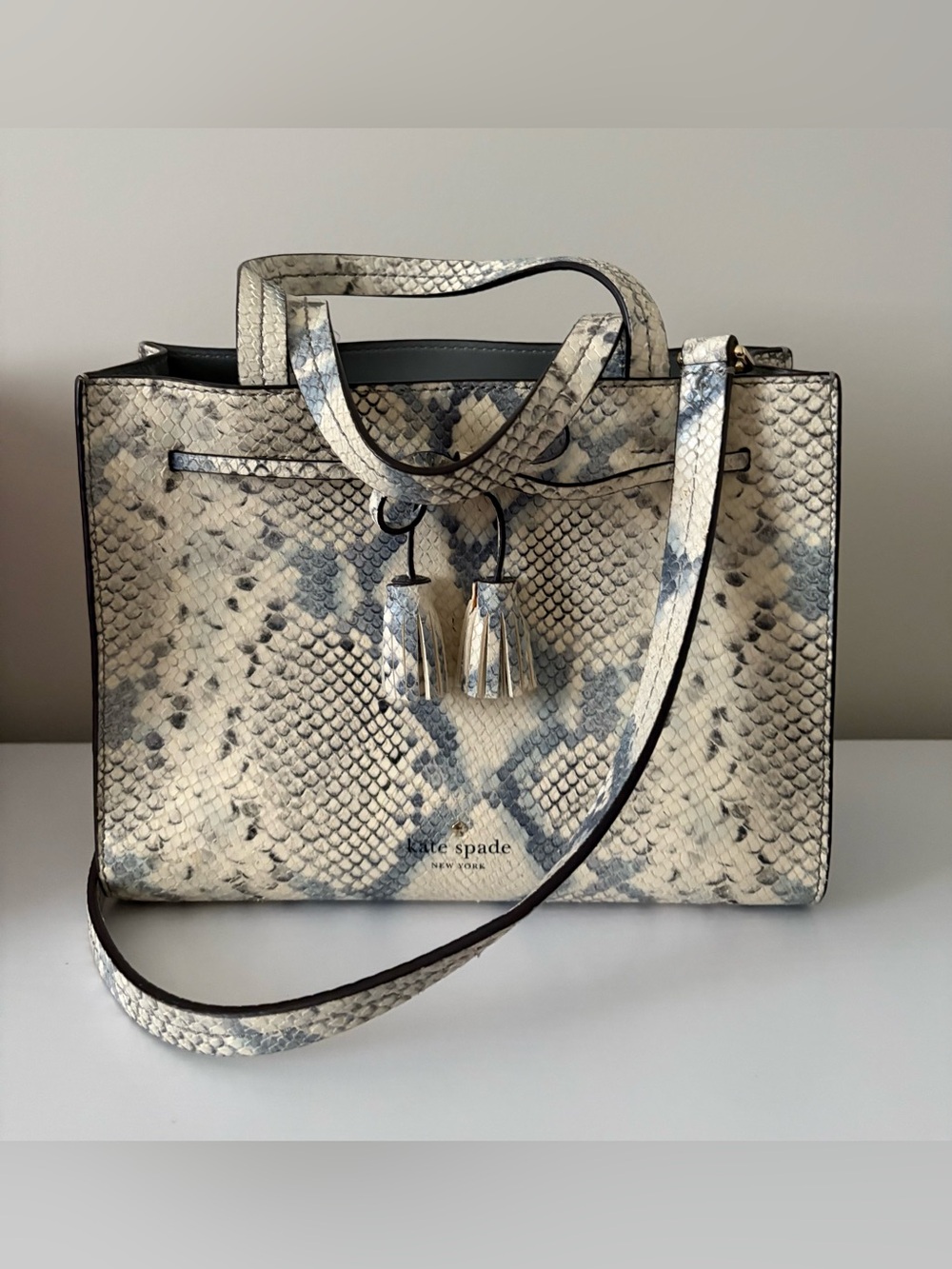 kate spade Python-Print Satchel in Beige and blue